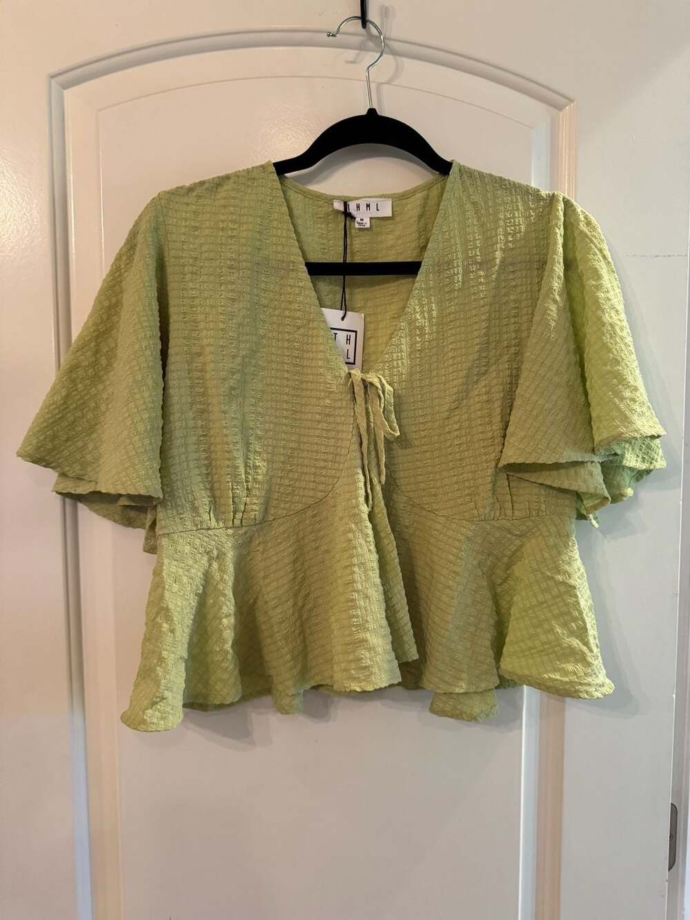 Thml Short Sleeve Peplum Top Size M Green Tie Front